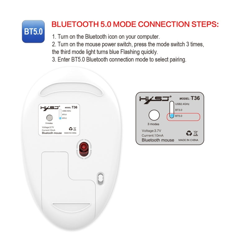 HXSJ T36 2.4G Bluetooth 5.0+3.0 Ratón Bluetooth inalámbrico de diseño silencioso de tres modos