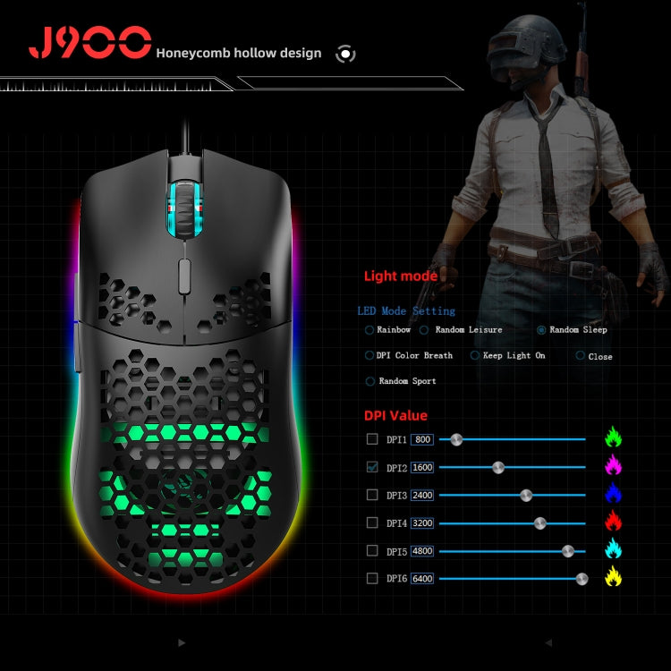 HXSJ J900 Ratón con cable para juegos programable con iluminación RGB de 6 teclas (blanco), J900(Black), J900(White)