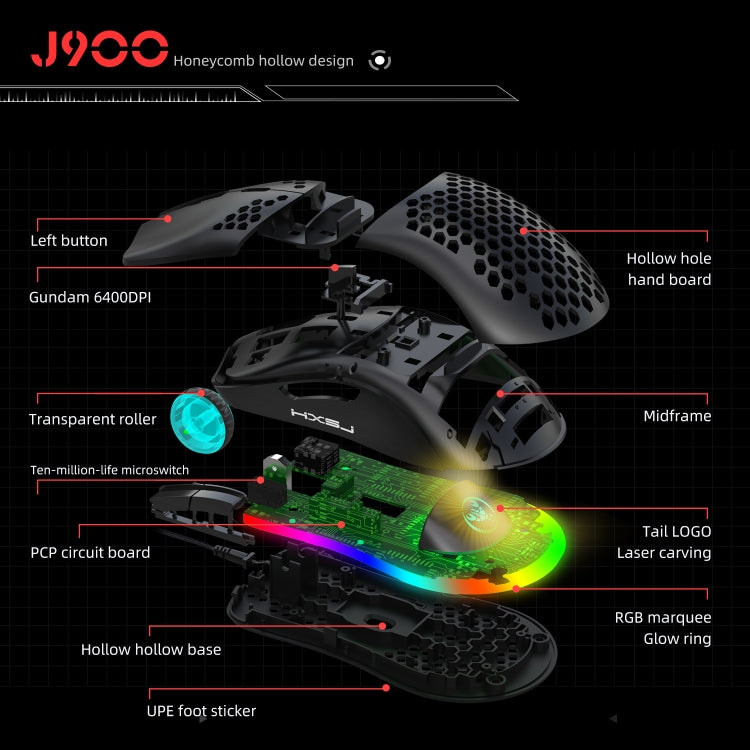 HXSJ J900 Ratón con cable para juegos programable con iluminación RGB de 6 teclas (blanco), J900(Black), J900(White)
