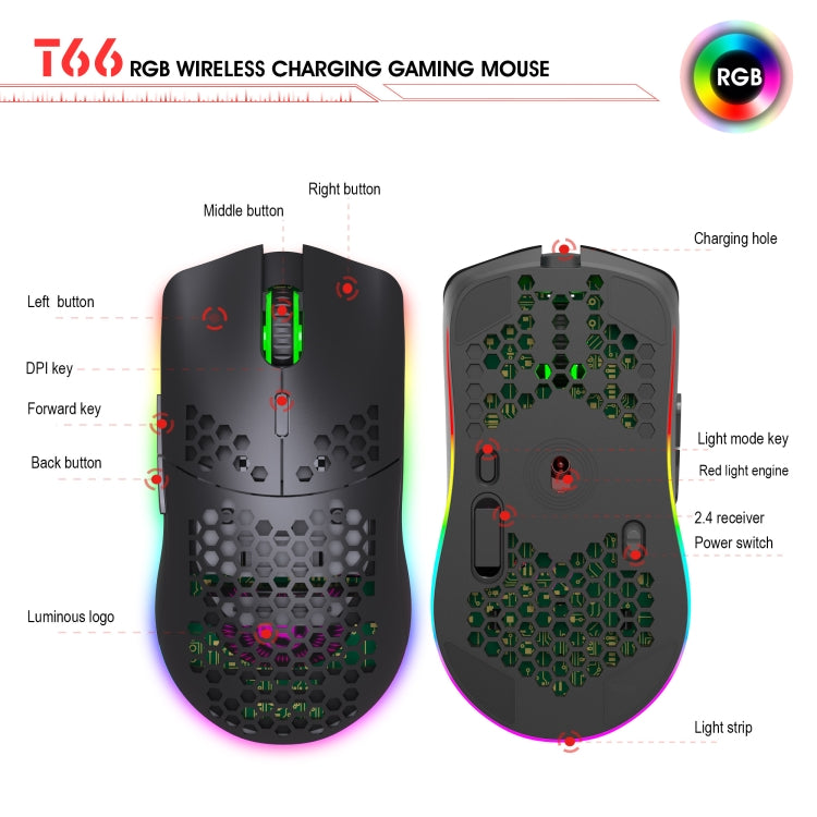 HXSJ T66 Ratón inalámbrico para juegos programable con iluminación colorida de 7 teclas, T66(White), T66(Black)