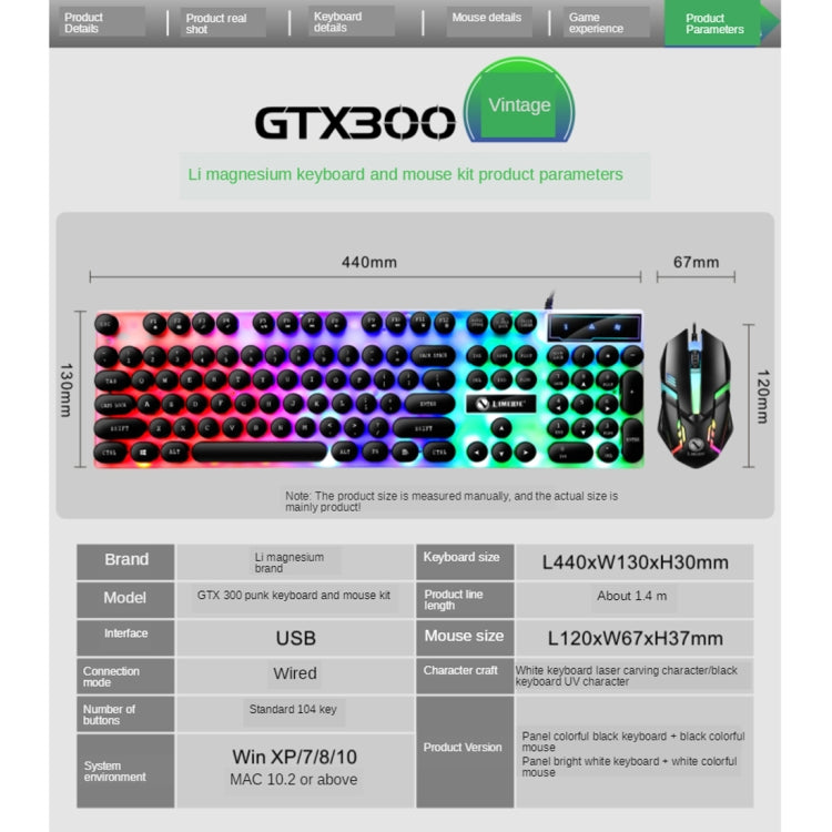 TX300 Juego de ratón y teclado con cable Punk retroiluminado con sensación mecánica
