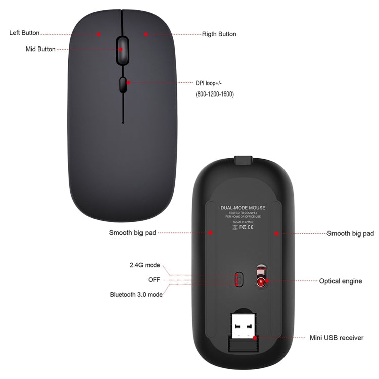 HXSJ M90 2.4GHz Ultrafino Silencio Recargable Modo Dual Inalámbrico Bluetooth Notebook PC Ratón