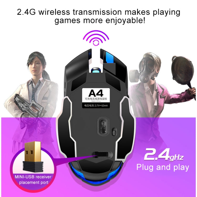YINDIAO A4 2.4GHz 1600DPI Ratón para juegos silencioso inalámbrico recargable ajustable de 3 modos (gris plateado), Black Silver