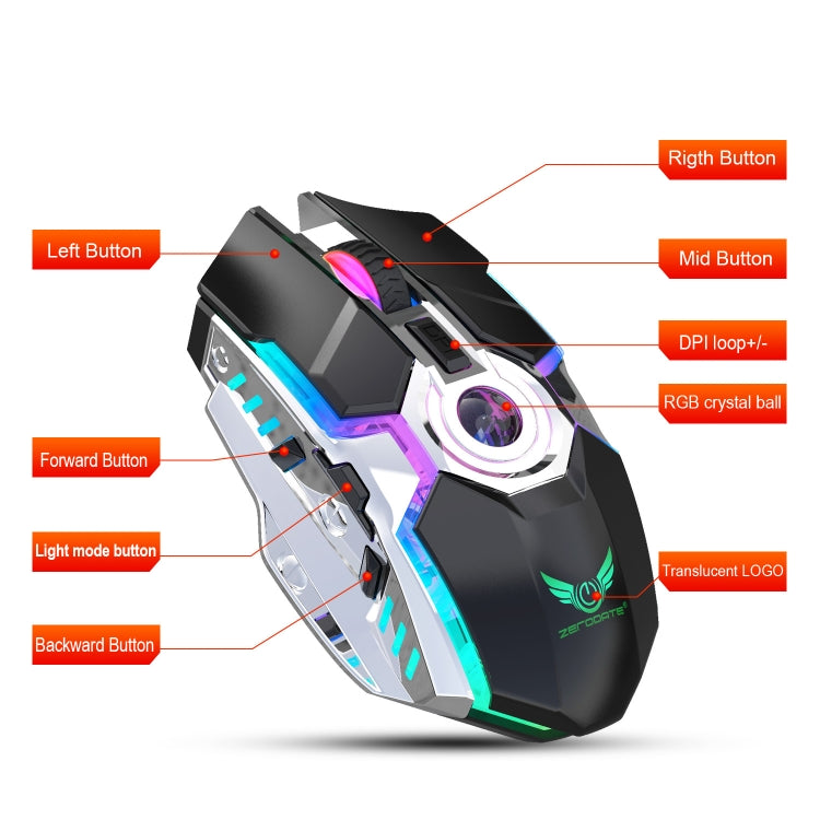 ZERODATE T30 2.4GHz 2400DPI Ratón óptico inalámbrico con retroiluminación RGB ajustable de tres velocidades, T30 Black, T30 White