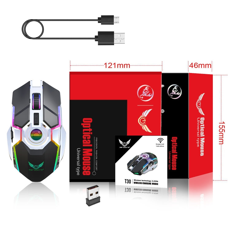 ZERODATE T30 2.4GHz 2400DPI Ratón óptico inalámbrico con retroiluminación RGB ajustable de tres velocidades, T30 Black, T30 White