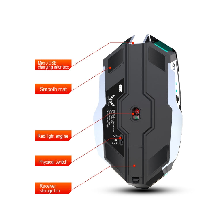 ZERODATE T30 2.4GHz 2400DPI Ratón óptico inalámbrico con retroiluminación RGB ajustable de tres velocidades, T30 Black, T30 White