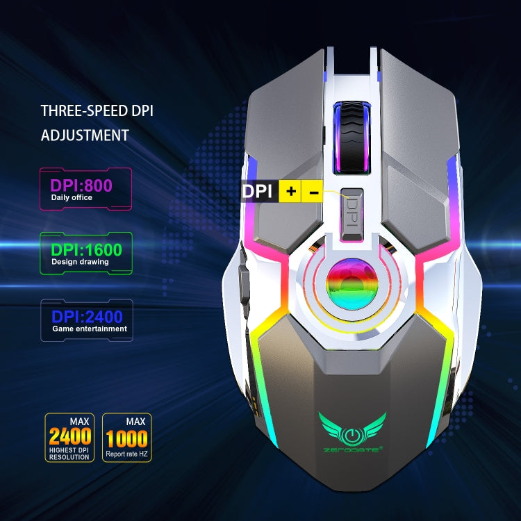 ZERODATE T30 2.4GHz 2400DPI Ratón óptico inalámbrico con retroiluminación RGB ajustable de tres velocidades, T30 Black, T30 White
