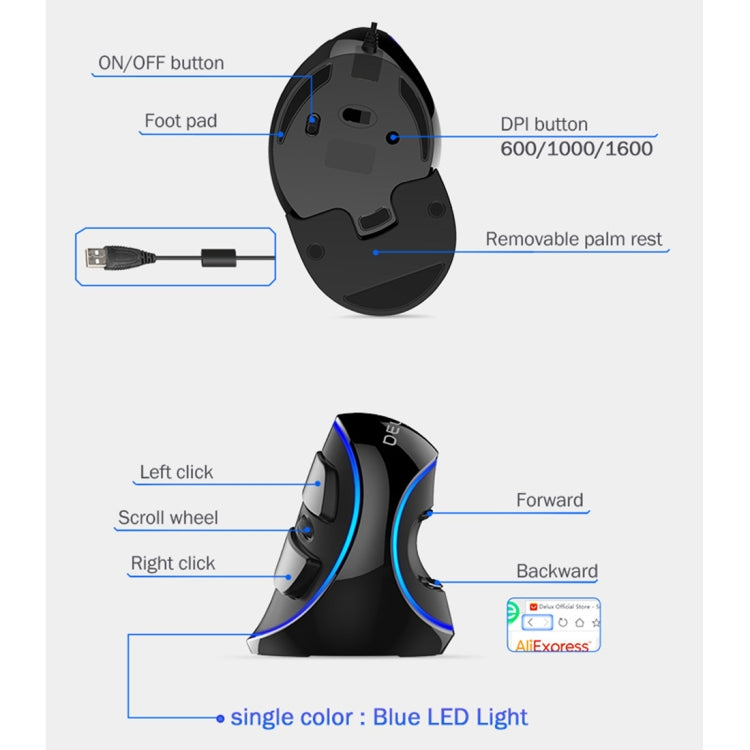 DELUX M618 Plus Ratón óptico con cable versión azul Ratón vertical ergonómico 1600DPI, 1600DPI Wired