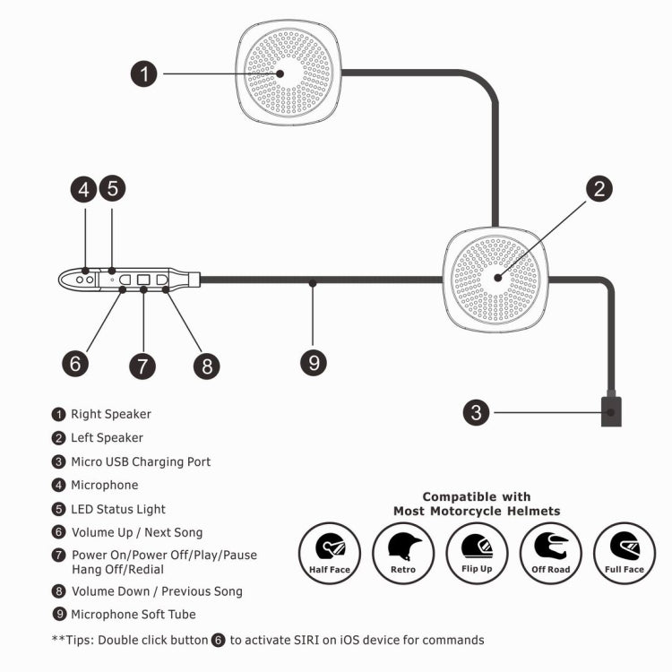 Auriculares para casco T2 Bluetooth V5.0 de 5V para conducción de motocicletas con micrófono antiinterferencias