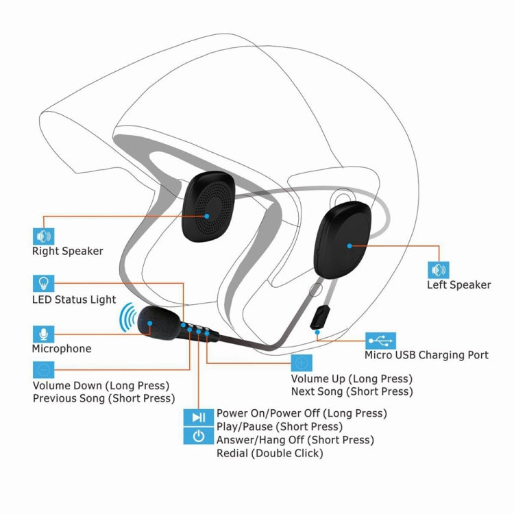 Auriculares para casco T2 Bluetooth V5.0 de 5V para conducción de motocicletas con micrófono antiinterferencias