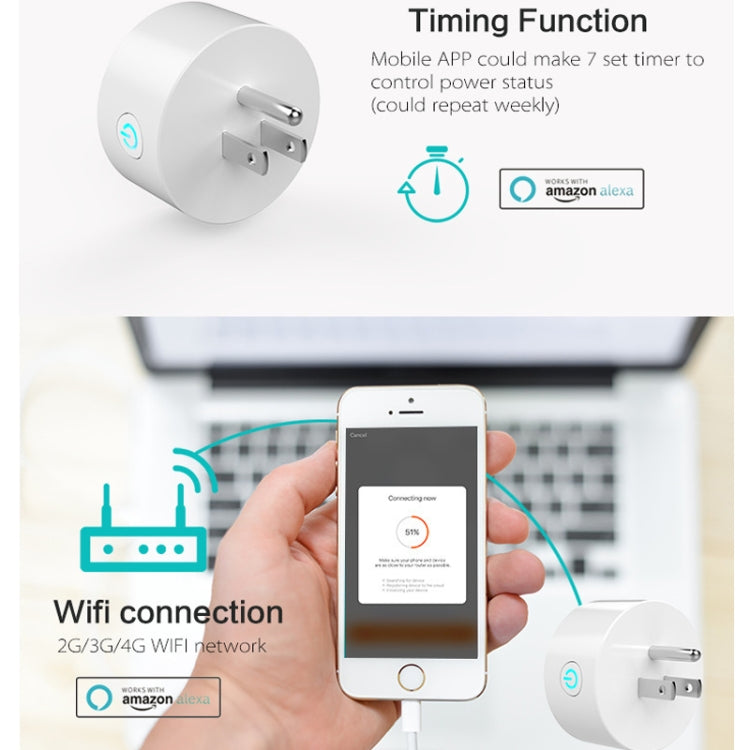 Mini enchufe WiFi de forma redonda 10A, Control remoto por aplicación, sincronización, enchufe inteligente que funciona con Alexa y Google Home, CA 100-240V, enchufe de EE. UU., 10A US Plug(Round Shape)