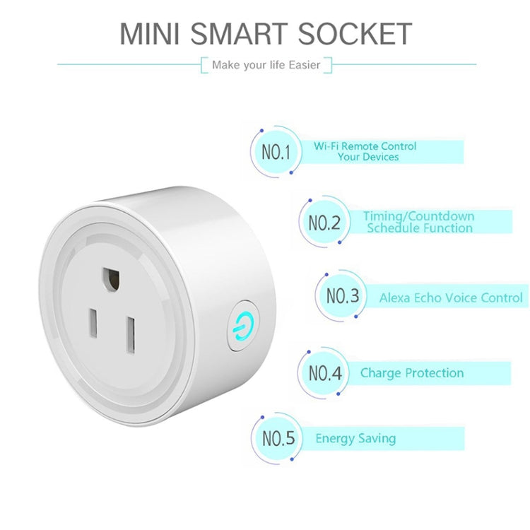 Mini enchufe WiFi de forma redonda 10A, Control remoto por aplicación, sincronización, enchufe inteligente que funciona con Alexa y Google Home, CA 100-240V, enchufe de EE. UU., 10A US Plug(Round Shape)