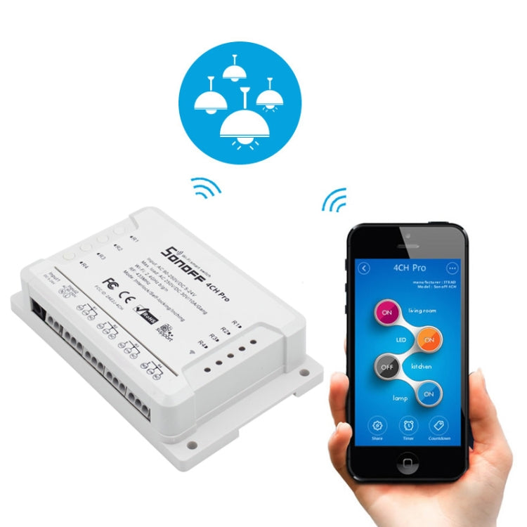 Sonoff 4CH Pro 433MHz Control Remoto + Interruptor Temporizador Inteligente WiFi, Interlock/Autobloqueo, 3 Modos de Trabajo, Compatible con Alexa y Google Home, Compatible con iOS y Android, 4CH Pro