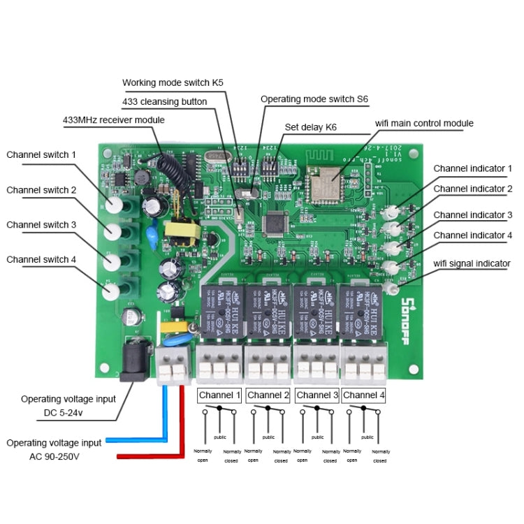 Sonoff 4CH Pro 433MHz Control Remoto + Interruptor Temporizador Inteligente WiFi, Interlock/Autobloqueo, 3 Modos de Trabajo, Compatible con Alexa y Google Home, Compatible con iOS y Android, 4CH Pro