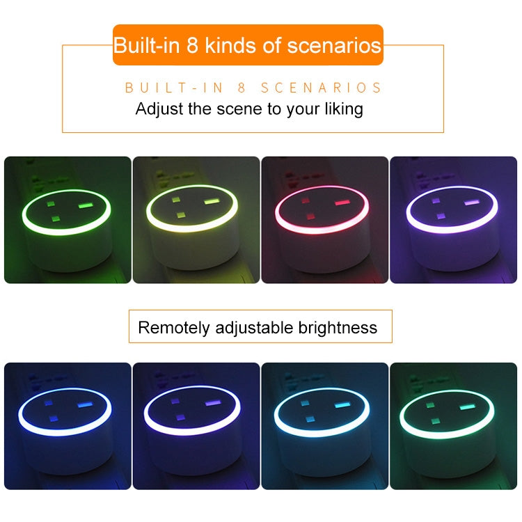 El enchufe inteligente con control remoto WiFi con luz de escena RGB de 10 A funciona con Alexa y Google Home, CA 220-240 V, enchufe para Reino Unido, XS-SSC03