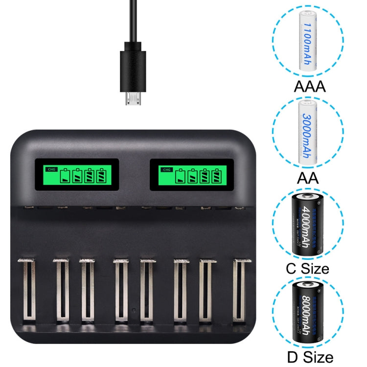 Cargador de batería de 5V 2A USB con 8 ranuras para pilas AA, AAA y C/D, con pantalla LCD