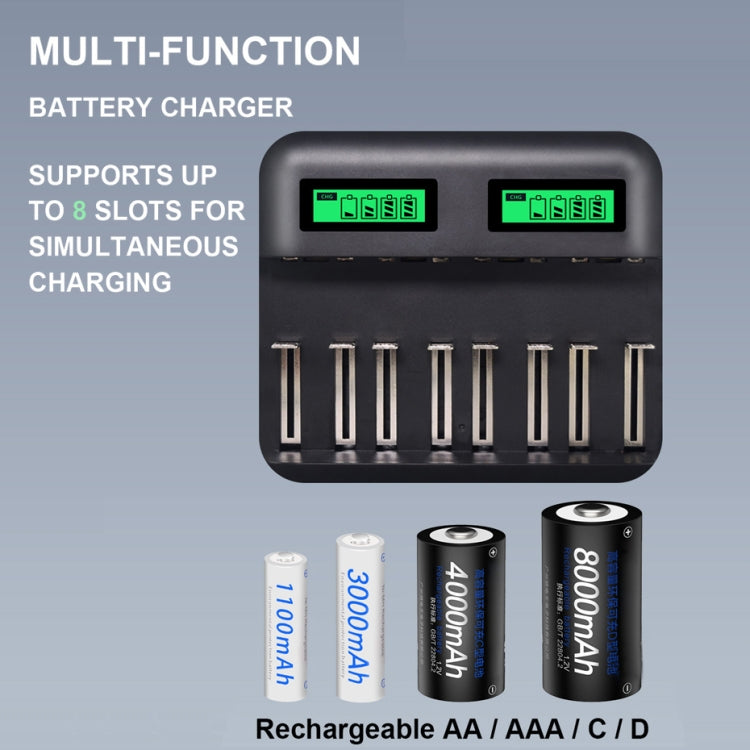 Cargador de batería de 5V 2A USB con 8 ranuras para pilas AA, AAA y C/D, con pantalla LCD