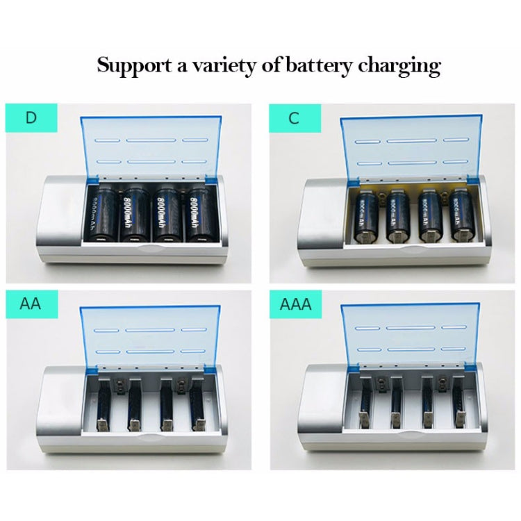 Cargador de batería de 4 ranuras CA 100-240V para baterías de tamaño AA, AAA y C/D, enchufe de la UE