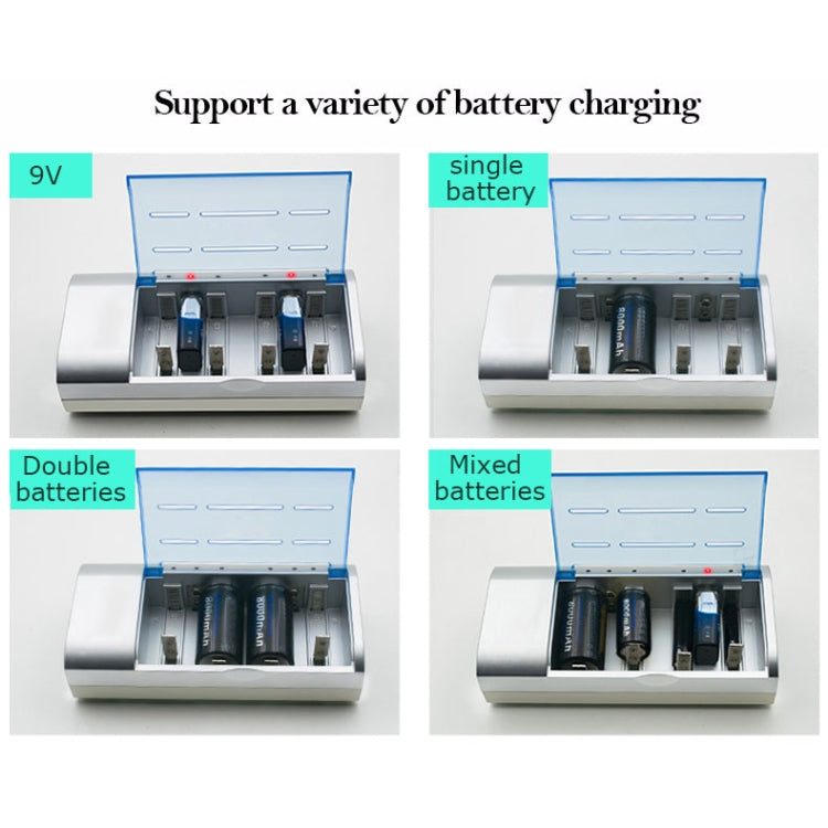 Cargador de batería de 4 ranuras CA 100-240V para baterías de tamaño AA, AAA y C/D, enchufe de EE. UU.