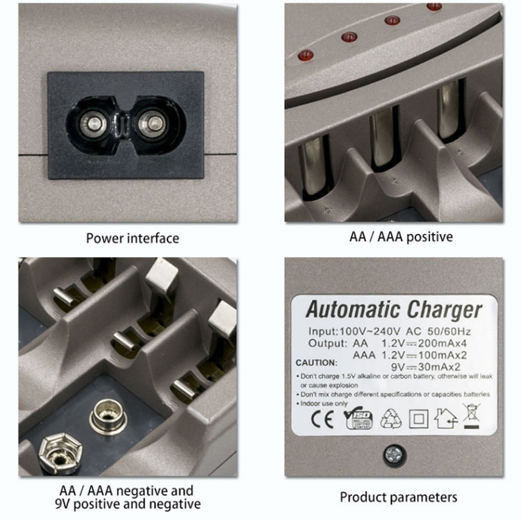 Cargador de batería de 4 ranuras CA 100-240V para pilas AA, AAA y 9V Ni-MH, enchufe de la UE
