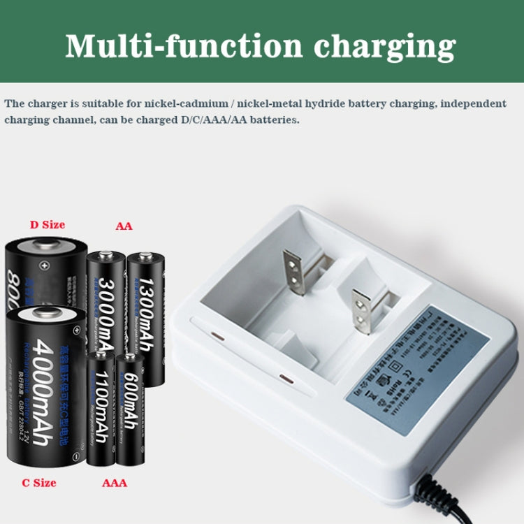 Cargador de batería de 2 ranuras CA 220 V para baterías de tamaño AA, AAA y C/D, enchufe CN