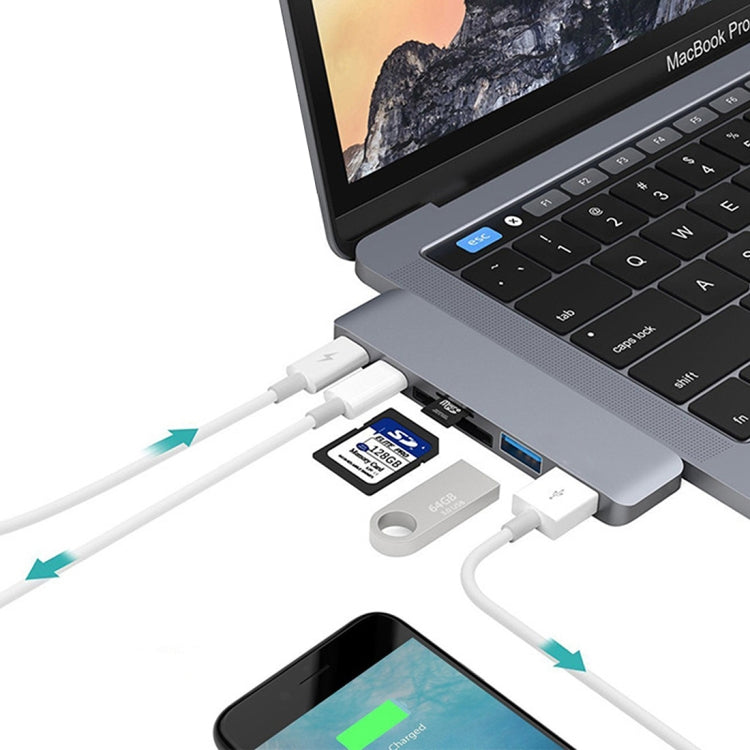 Adaptador HUB USB-C / Type-C dual de velocidad de transferencia de 5 Gbps de aleación de aluminio multifunción 6 en 1 con 2 puertos USB 3.0 y 2 puertos USB-C / Type-C y ranura para tarjeta SD y ranura para tarjeta TF para Macbook 2015/2016 /2017       ...