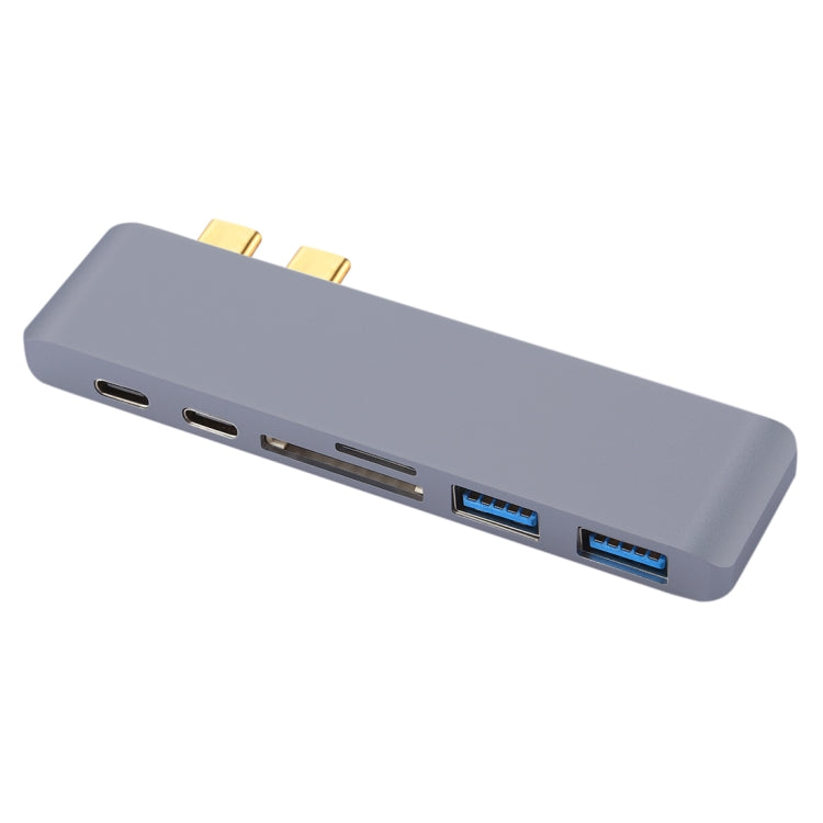 Adaptador HUB USB-C / Type-C dual de velocidad de transferencia de 5 Gbps de aleación de aluminio multifunción 6 en 1 con 2 puertos USB 3.0 y 2 puertos USB-C / Type-C y ranura para tarjeta SD y ranura para tarjeta TF para Macbook 2015/2016 /2017       ...