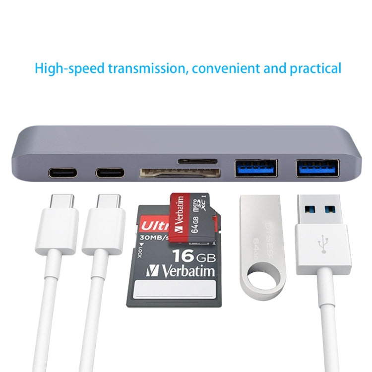 Adaptador HUB USB-C / Type-C dual de velocidad de transferencia de 5 Gbps de aleación de aluminio multifunción 6 en 1 con 2 puertos USB 3.0 y 2 puertos USB-C / Type-C y ranura para tarjeta SD y ranura para tarjeta TF para Macbook 2015/2016 /2017       ...