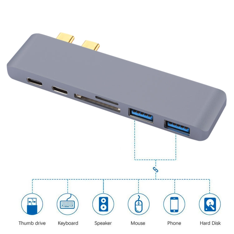 Adaptador HUB USB-C / Type-C dual de velocidad de transferencia de 5 Gbps de aleación de aluminio multifunción 6 en 1 con 2 puertos USB 3.0 y 2 puertos USB-C / Type-C y ranura para tarjeta SD y ranura para tarjeta TF para Macbook 2015/2016 /2017       ...