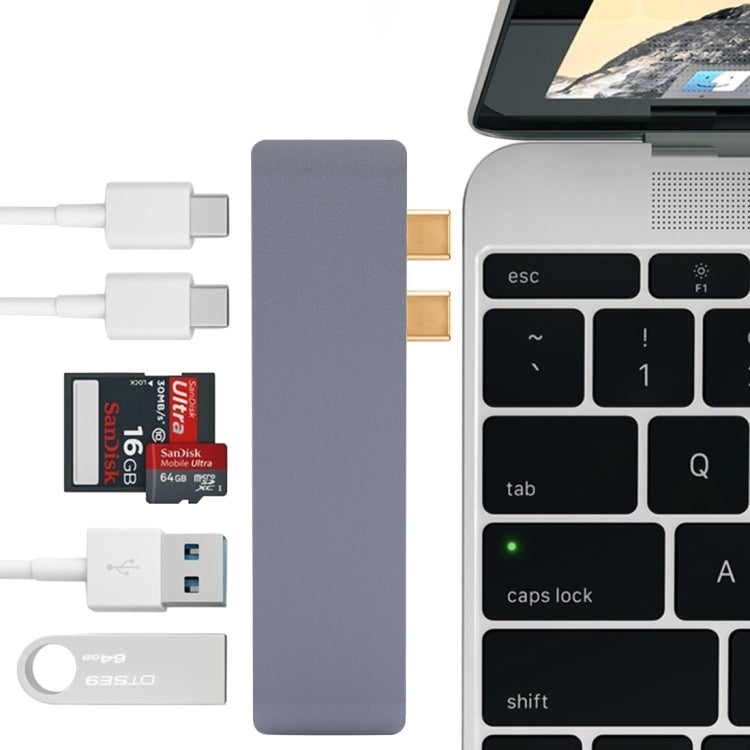 Adaptador HUB USB-C / Type-C dual de velocidad de transferencia de 5 Gbps de aleación de aluminio multifunción 6 en 1 con 2 puertos USB 3.0 y 2 puertos USB-C / Type-C y ranura para tarjeta SD y ranura para tarjeta TF para Macbook 2015/2016 /2017       ...