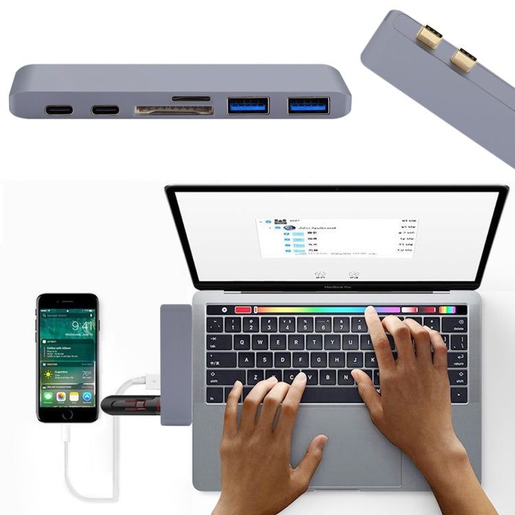 Adaptador HUB USB-C / Type-C dual de velocidad de transferencia de 5 Gbps de aleación de aluminio multifunción 6 en 1 con 2 puertos USB 3.0 y 2 puertos USB-C / Type-C y ranura para tarjeta SD y ranura para tarjeta TF para Macbook 2015/2016 /2017       ...