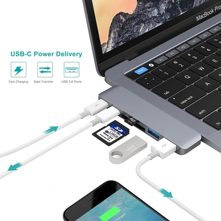 Adaptador HUB USB-C / Type-C dual de velocidad de transferencia de 5 Gbps de aleación de aluminio multifunción 6 en 1 con 2 puertos USB 3.0 y 2 puertos USB-C / Type-C y ranura para tarjeta SD y ranura para tarjeta TF para Macbook 2015/2016 /2017       ...