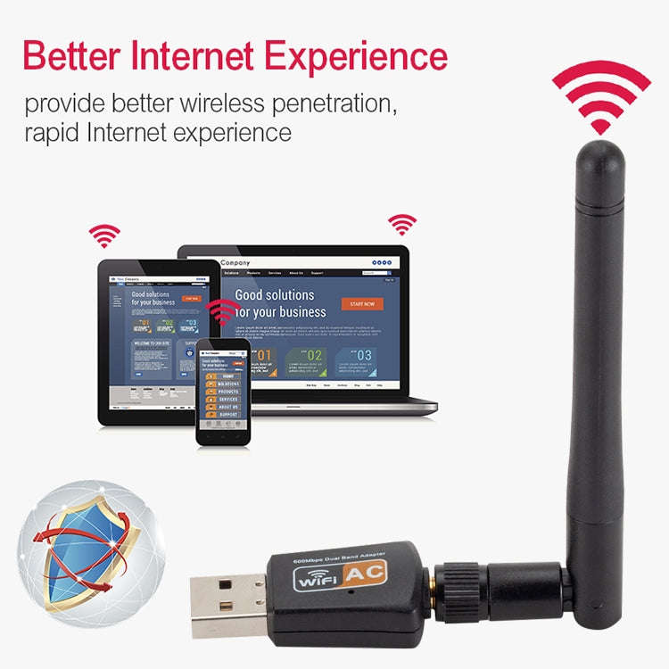 Adaptador USB WIFI de banda dual de CA de 600 Mbps, 2,4 GHz + 5 Hz con antena