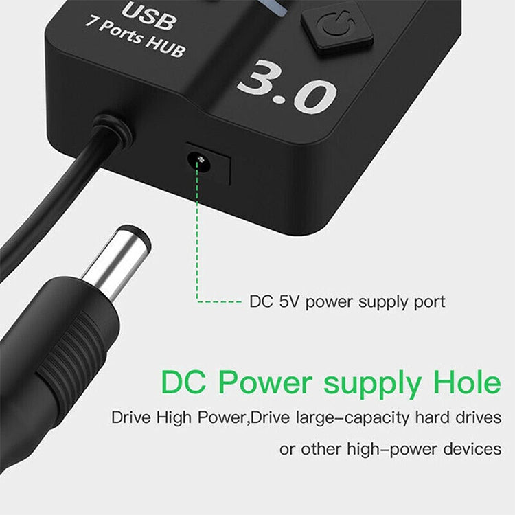 Expansión de concentrador múltiple de alta velocidad USB 3.0 de 7 puertos con interruptor para PC y computadora portátil, Hub Expansion
