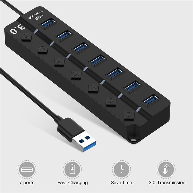 Expansión de concentrador múltiple de alta velocidad USB 3.0 de 7 puertos con interruptor para PC y computadora portátil, Hub Expansion