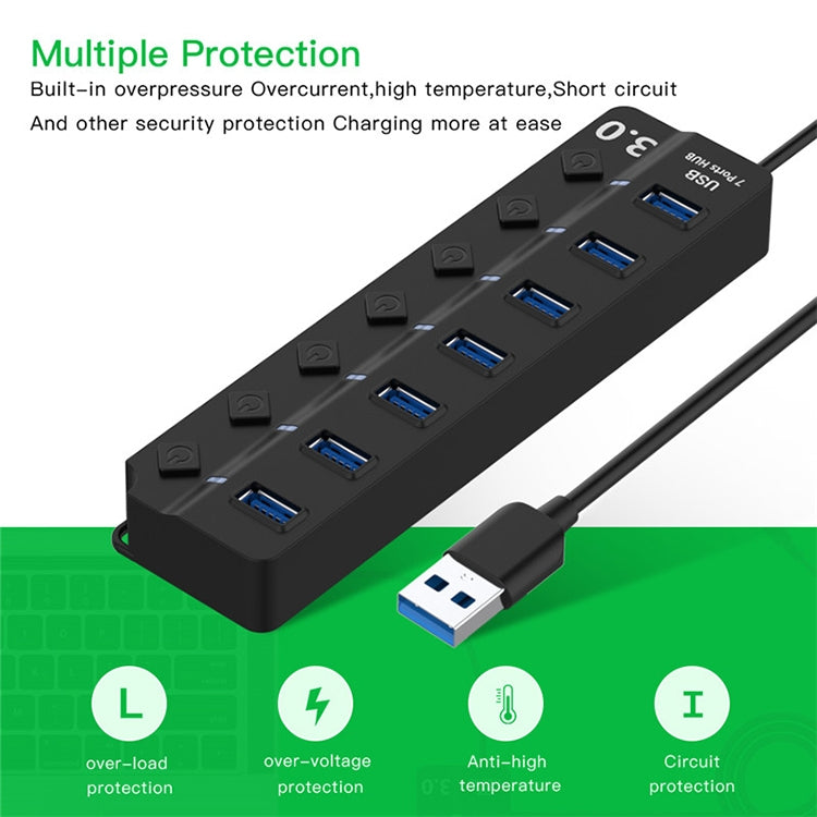 Expansión de concentrador múltiple de alta velocidad USB 3.0 de 7 puertos con interruptor para PC y computadora portátil, Hub Expansion
