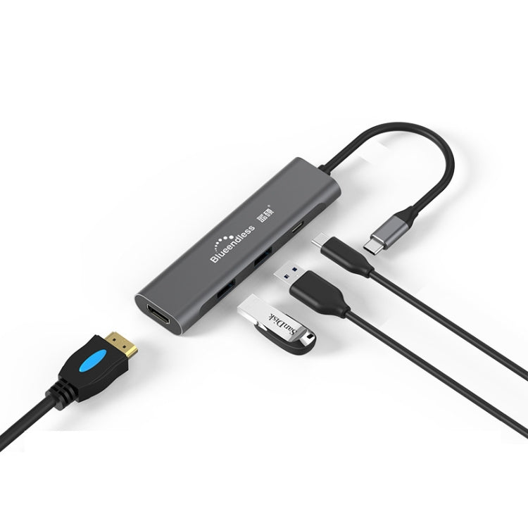 Blueendless 4 en 1 multifunción tipo C / USB-C a HDMI + PD + base de expansión HUB USB 3.0 dual, 4 In 1 HDMI + PD + Dual USB 3.0