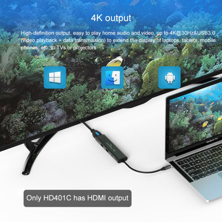 Blueendless 4 en 1 multifunción tipo C / USB-C a HDMI + PD + base de expansión HUB USB 3.0 dual, 4 In 1 HDMI + PD + Dual USB 3.0