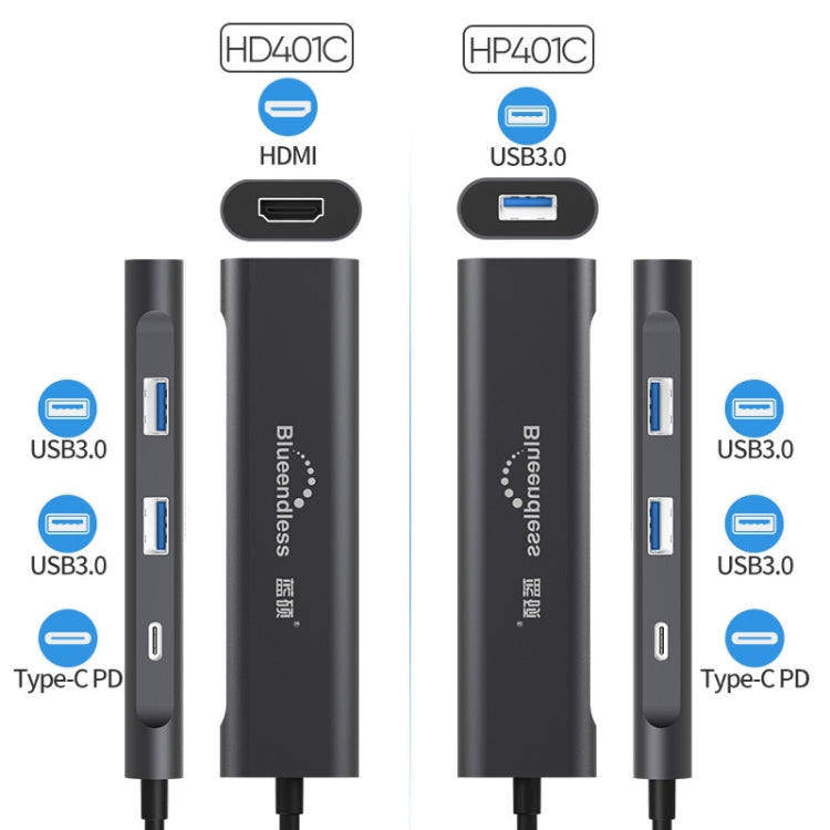 Blueendless 4 en 1 multifunción tipo C / USB-C a HDMI + PD + base de expansión HUB USB 3.0 dual, 4 In 1 HDMI + PD + Dual USB 3.0
