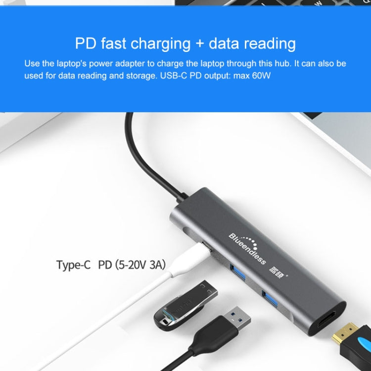 Blueendless 4 en 1 multifunción tipo C / USB-C a HDMI + PD + base de expansión HUB USB 3.0 dual, 4 In 1 HDMI + PD + Dual USB 3.0