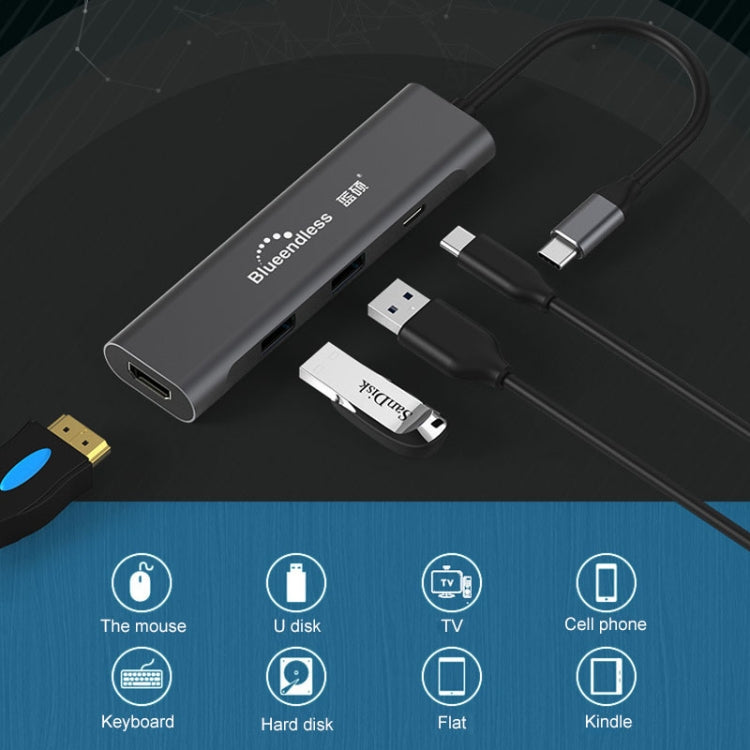 Blueendless 4 en 1 multifunción tipo C / USB-C a HDMI + PD + base de expansión HUB USB 3.0 dual, 4 In 1 HDMI + PD + Dual USB 3.0
