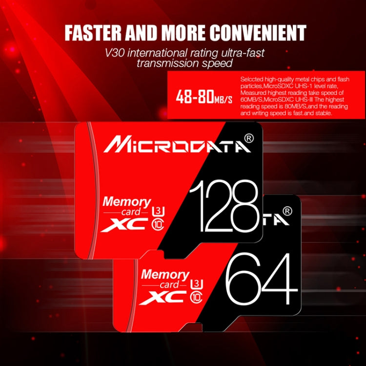 Tarjeta de memoria MICRODATA 64GB U3 de alta velocidad roja y negra TF (Micro SD), 64GB