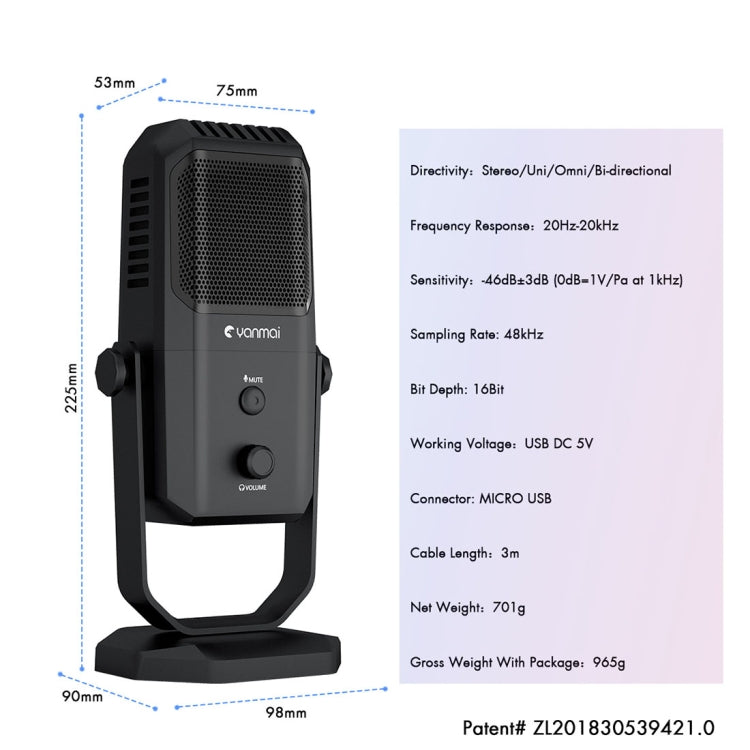 Yanmai SF-900 Micrófono condensador de grabación de estudio multifunción de cuatro directividad con soporte de escritorio