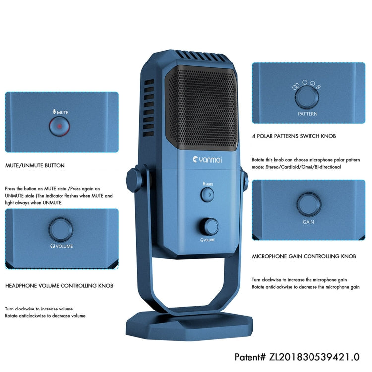 Yanmai SF-900 Micrófono condensador de grabación de estudio multifunción de cuatro directividad con soporte de escritorio