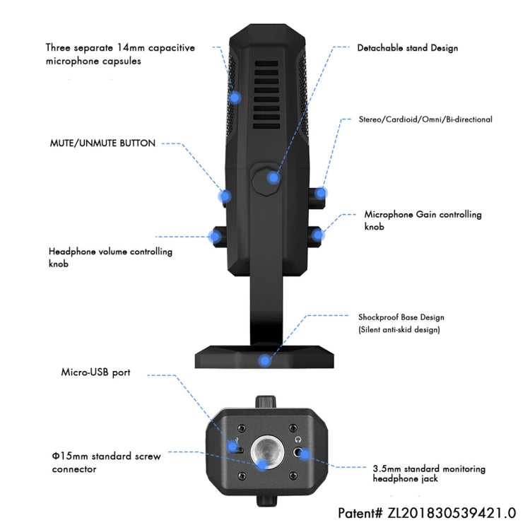 Yanmai SF-900 Micrófono condensador de grabación de estudio multifunción de cuatro directividad con soporte de escritorio