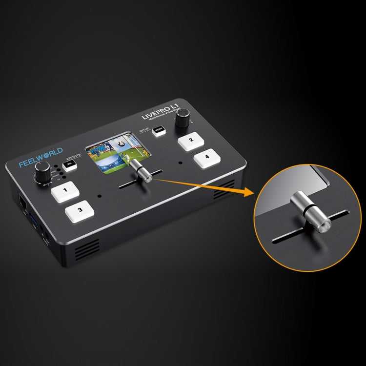 FEELWORLD LIVEPRO L1 Conmutador de producción en vivo de 4 canales para transmisión en vivo de medios multicámara con pantalla TFT de 2.0 pulgadas