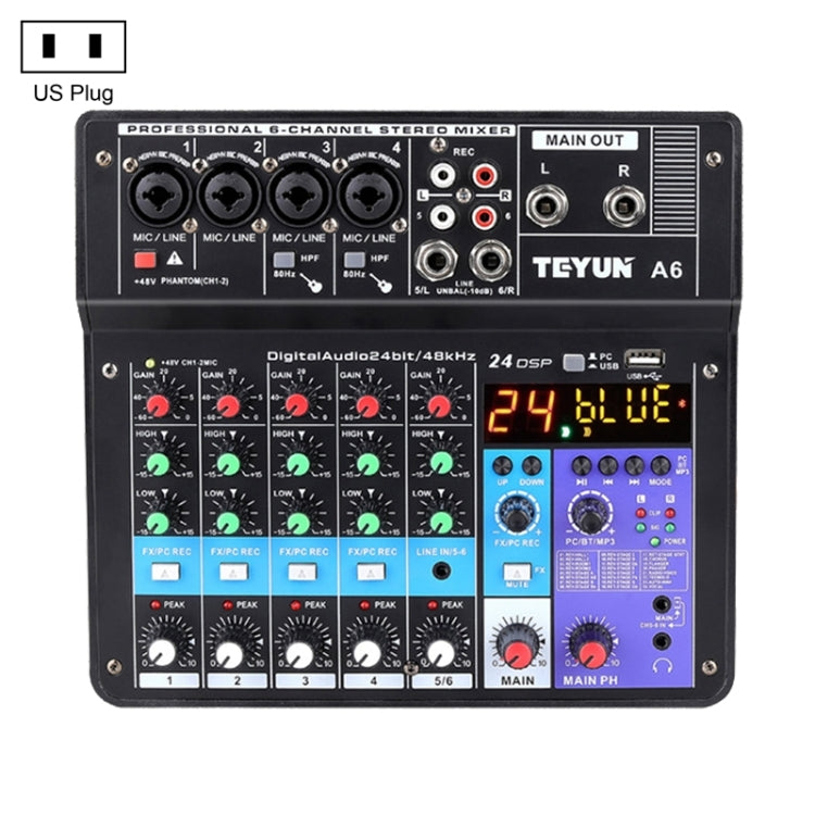 TEYUN NA6 Consola de mezcla pequeña de 6 canales Tarjeta de sonido para teléfono móvil Procesador de consola de grabación de computadora de transmisión en vivo, enchufe de EE. UU., NA6 US Plug