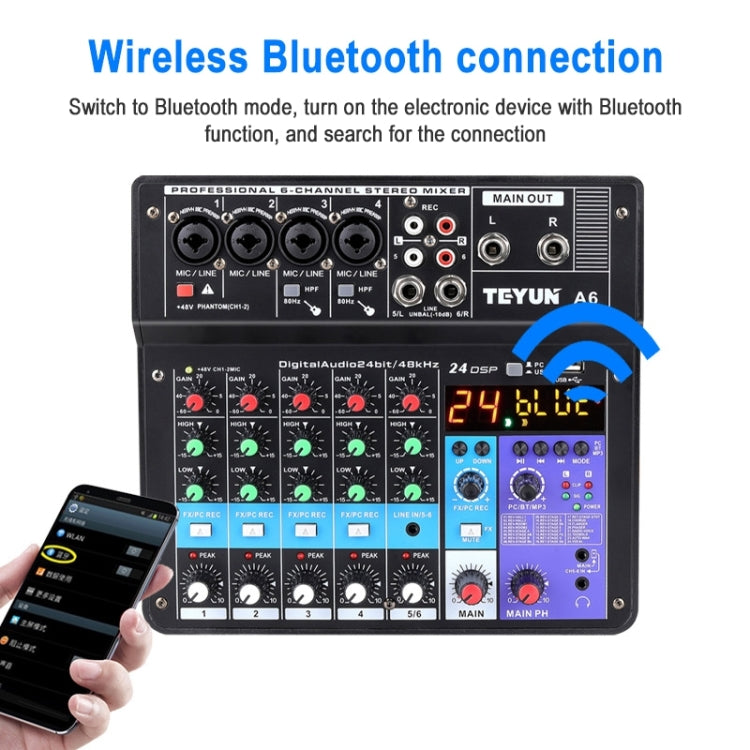 TEYUN NA6 Consola de mezcla pequeña de 6 canales Tarjeta de sonido para teléfono móvil Procesador de consola de grabación de computadora de transmisión en vivo, enchufe de EE. UU., NA6 US Plug