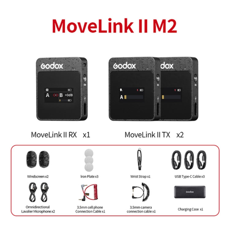 Godox MoveLink II M2 Sistema de micrófono Lavalier inalámbrico con 2 transmisores y 1 receptor para cámaras DSLR y videocámaras, MoveLink II M2