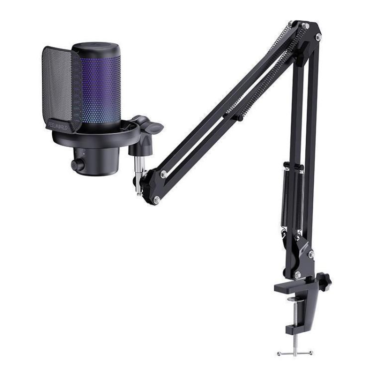 Micrófono de condensador USB para juegos FEELWORLD VM1 con cancelación de ruido y soporte con brazo articulado y luz RGB para streaming, VM1-AS